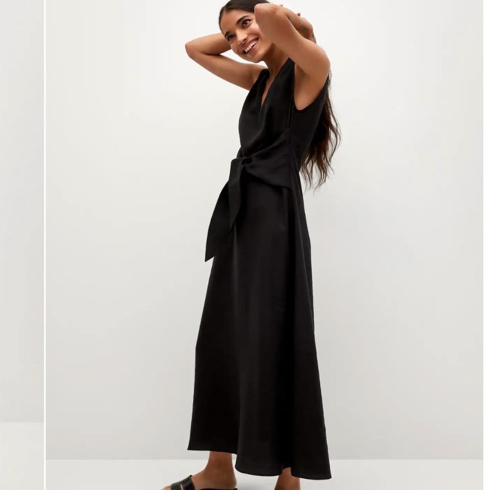 Mango Lyocell Midi Dress front tie-waist belt; Sleeveless v-neck; A-line…